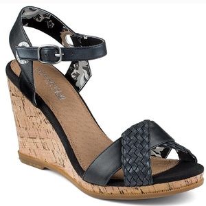 Sperry Top Sider Navy Leather Floral Cork Wedge